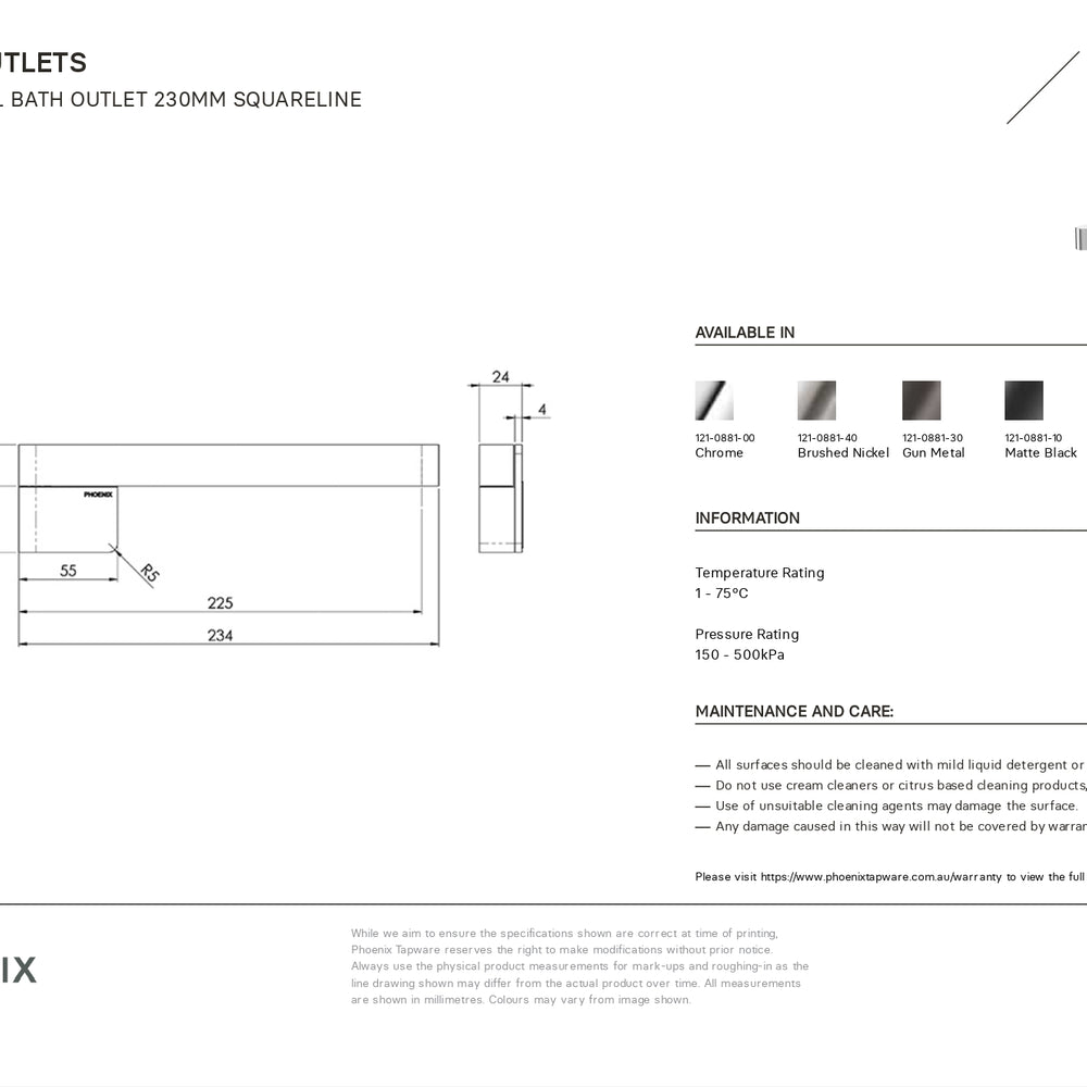 PHOENIX DESIGNER SWIVEL BATH OUTLET 234MM BRUSHED GOLD