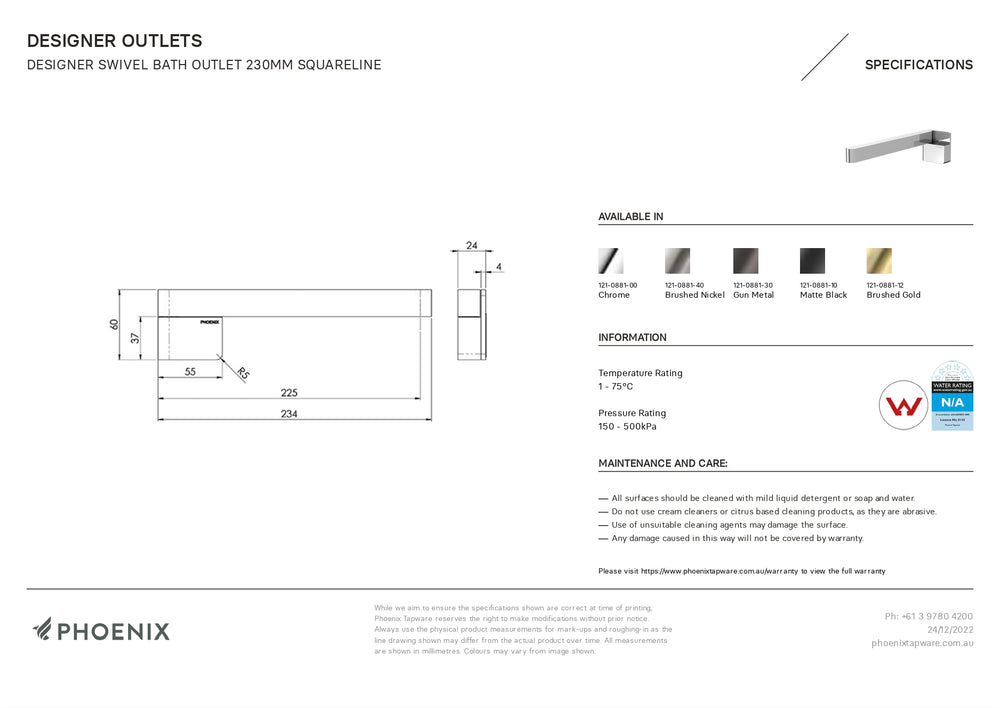 PHOENIX DESIGNER SWIVEL BATH OUTLET 234MM BRUSHED GOLD