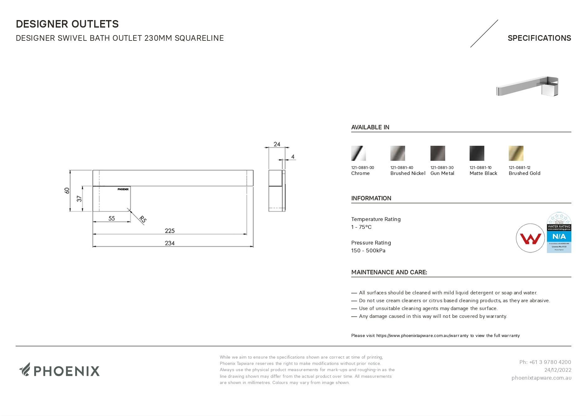 PHOENIX DESIGNER SWIVEL BATH OUTLET 234MM CHROME