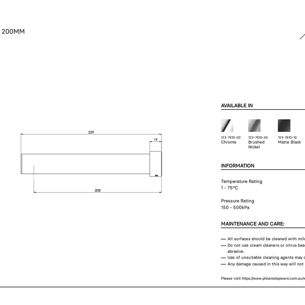 PHOENIX LEXI MKII BASIN OUTLET 200MM MATTE BLACK