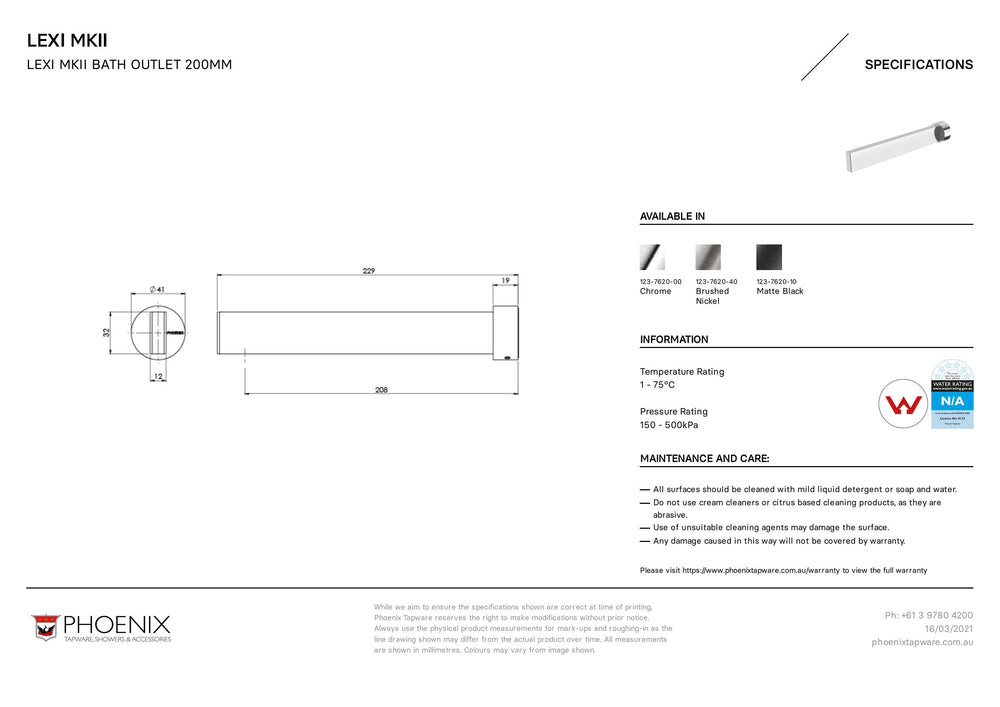 PHOENIX LEXI MKII BATH OUTLET 200MM CHROME