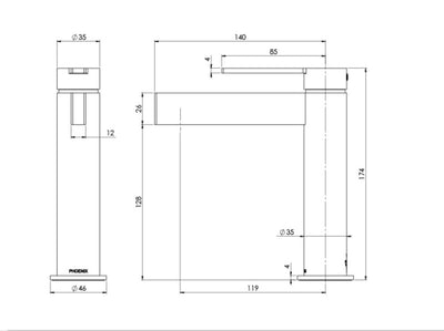 PHOENIX LEXI MKII BASIN MIXER 174MM MATTE BLACK