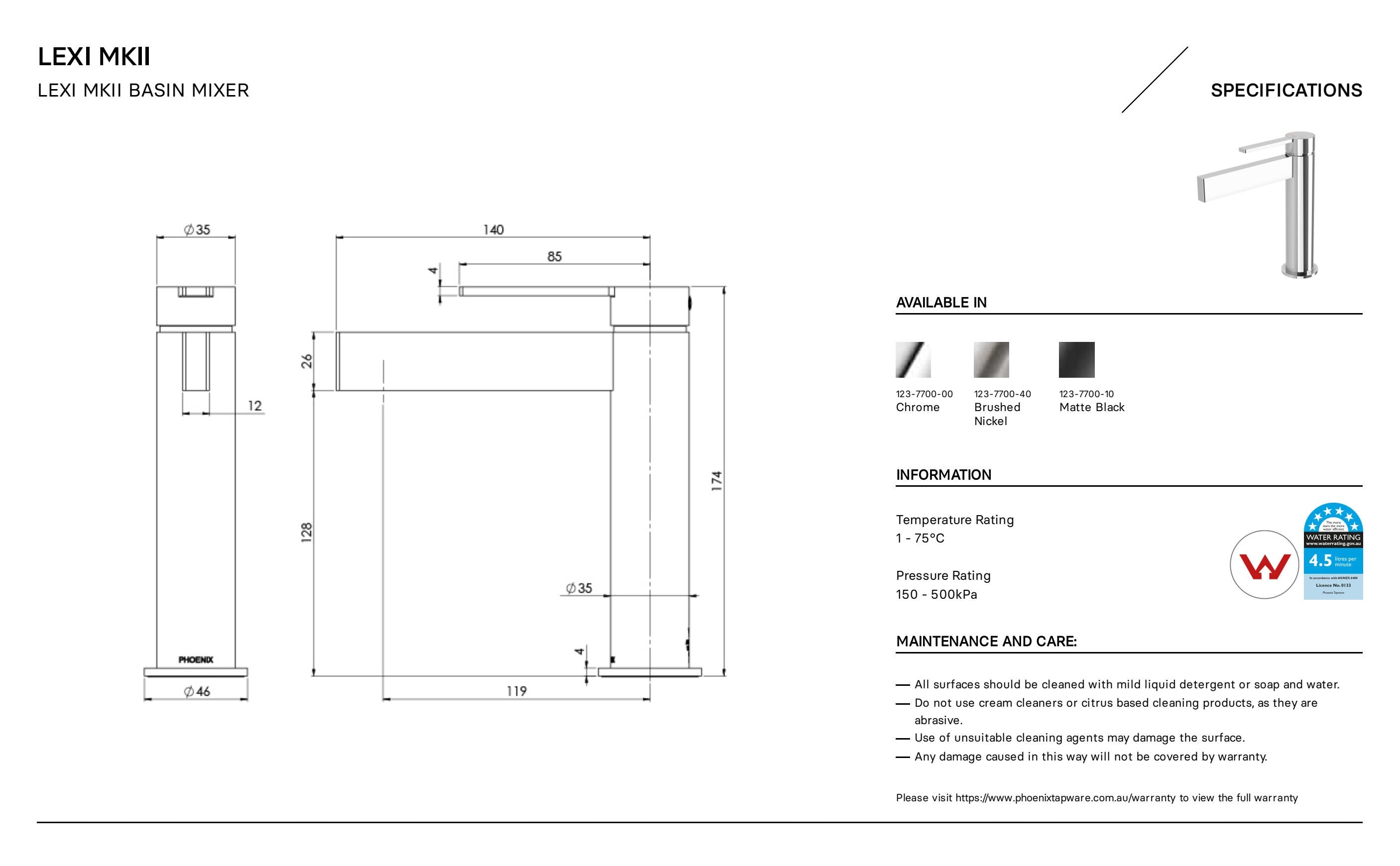 PHOENIX LEXI MKII BASIN MIXER 174MM BRUSHED NICKEL