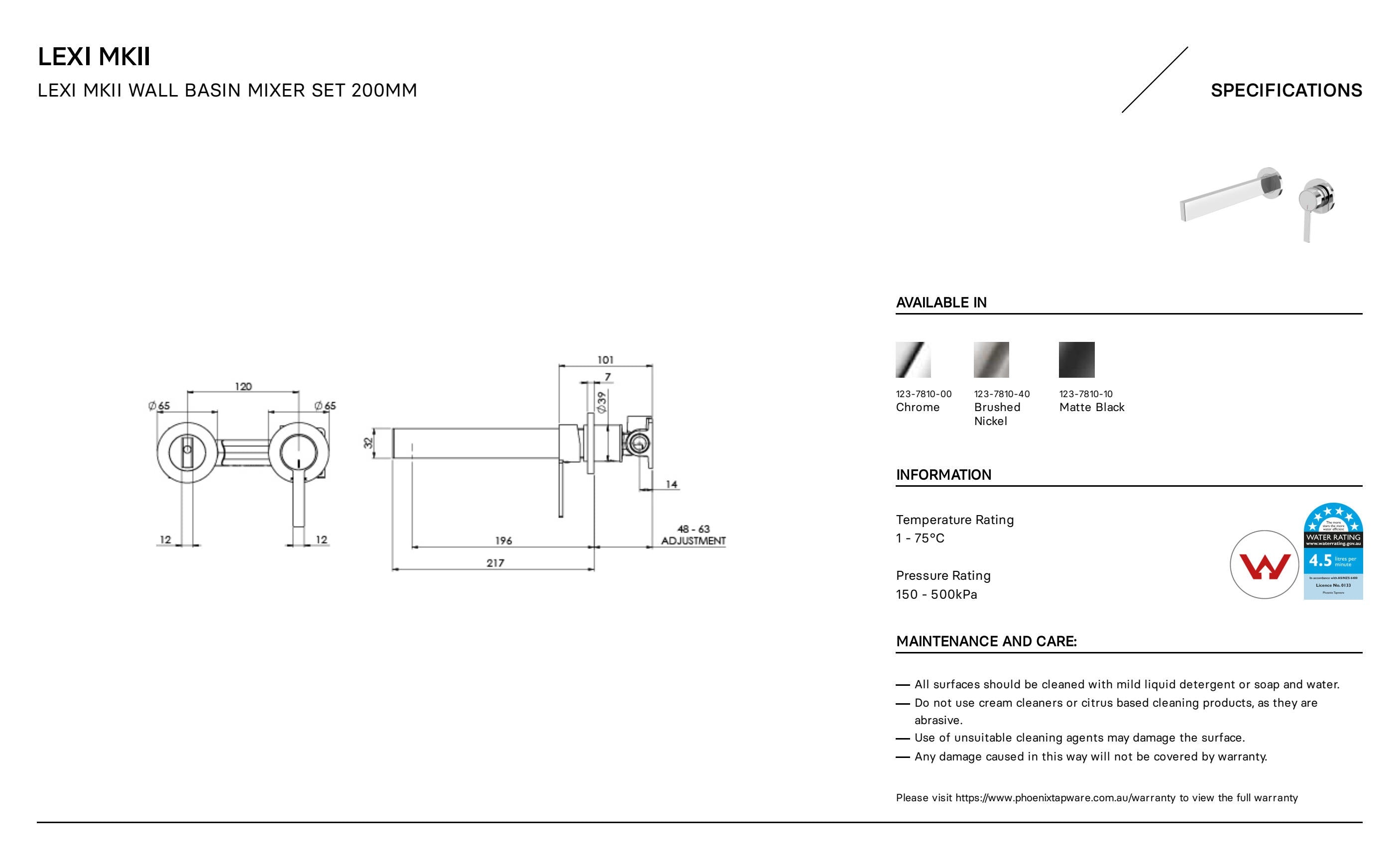PHOENIX LEXI MKII WALL BASIN MIXER SET 200MM BRUSHED NICKEL