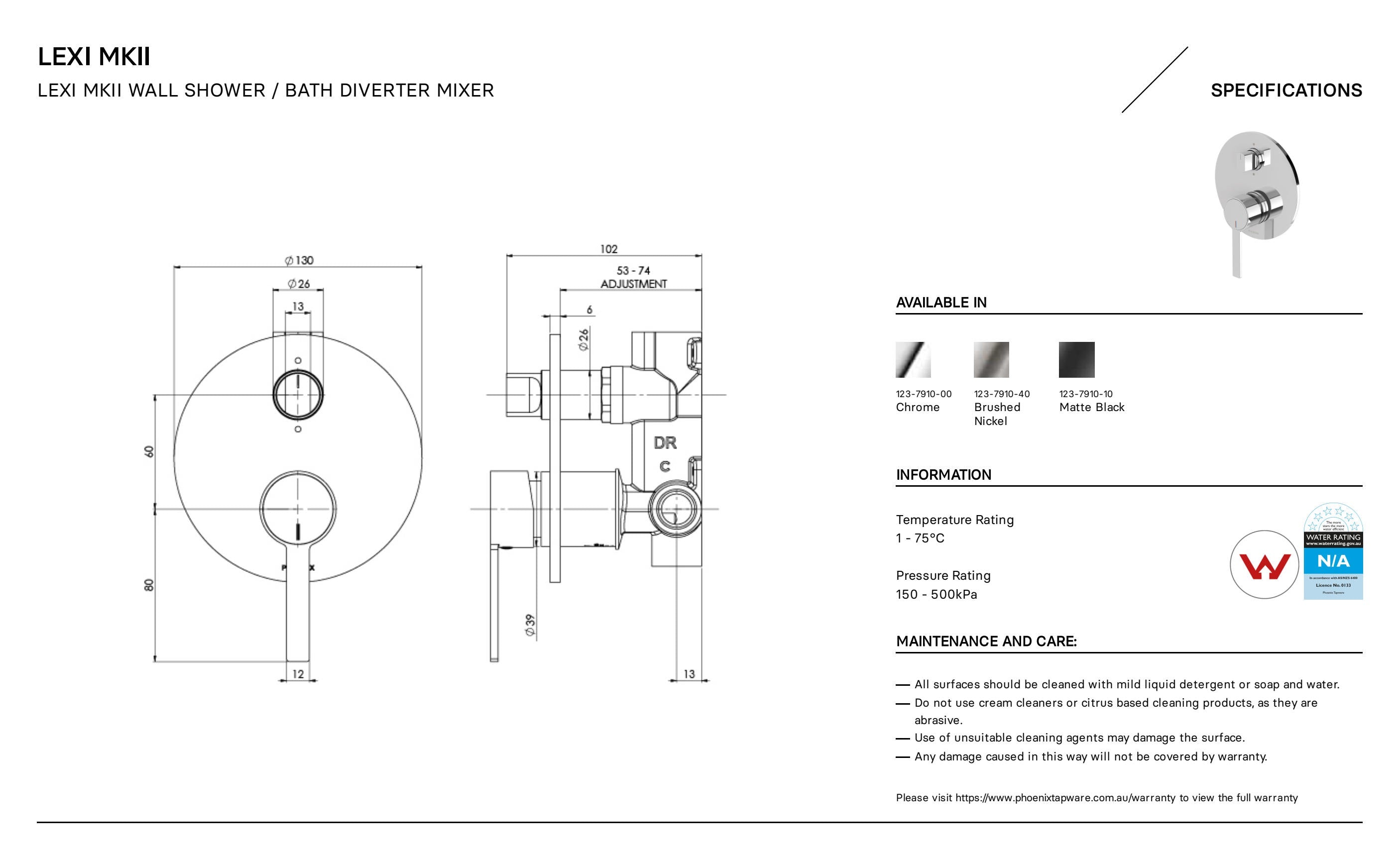 PHOENIX LEXI MKII WALL SHOWER BATH DIVERTER MIXER 130MM MATTE BLACK