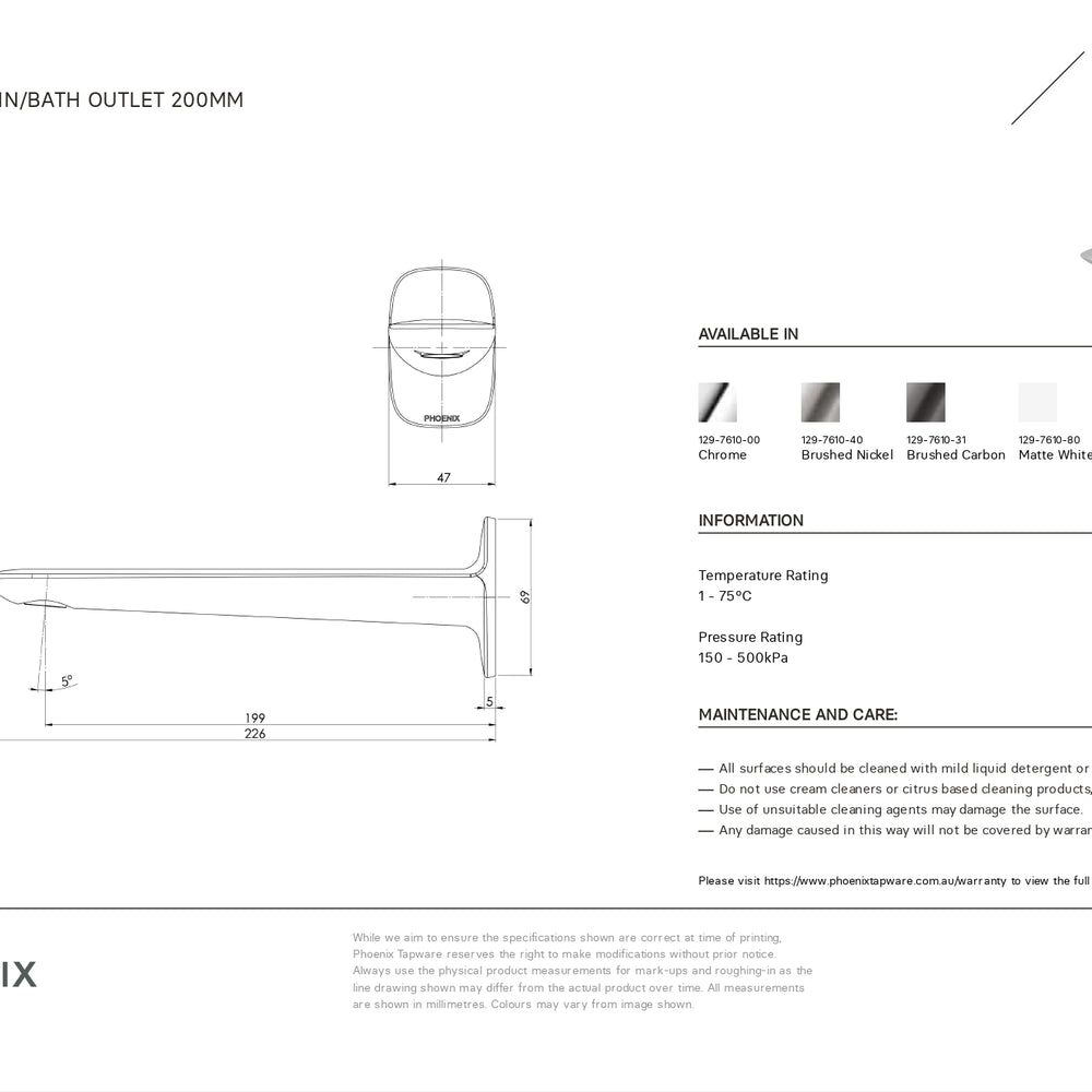 PHOENIX NUAGE WALL BASIN BATH OUTLET 200MM BRUSHED CARBON