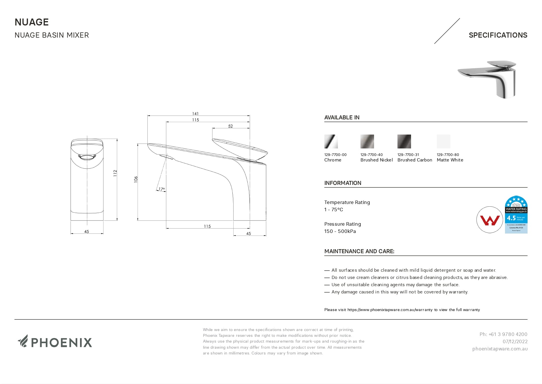 PHOENIX NUAGE BASIN MIXER MATTE WHITE