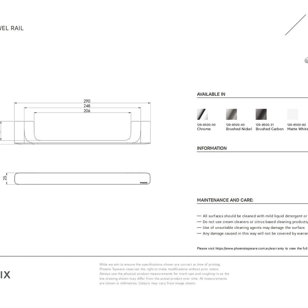PHOENIX NUAGE NON-HEATED HAND TOWEL RAIL CHROME 290MM