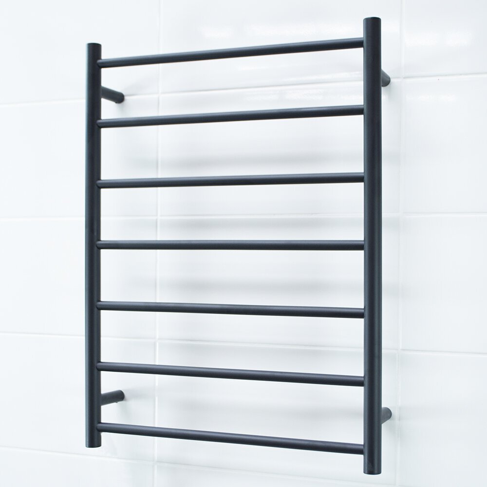 RADIANT HEATING 7-BARS ROUND HEATED TOWEL RAIL LOW VOLTAGE MATTE BLACK 600MM