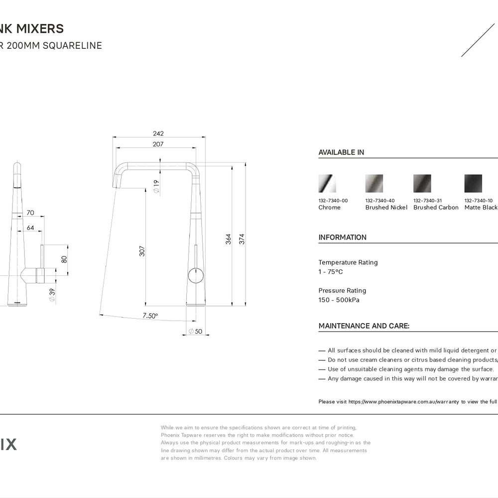 PHOENIX ERLEN SINK MIXER SQUARELINE 374MM MATTE BLACK