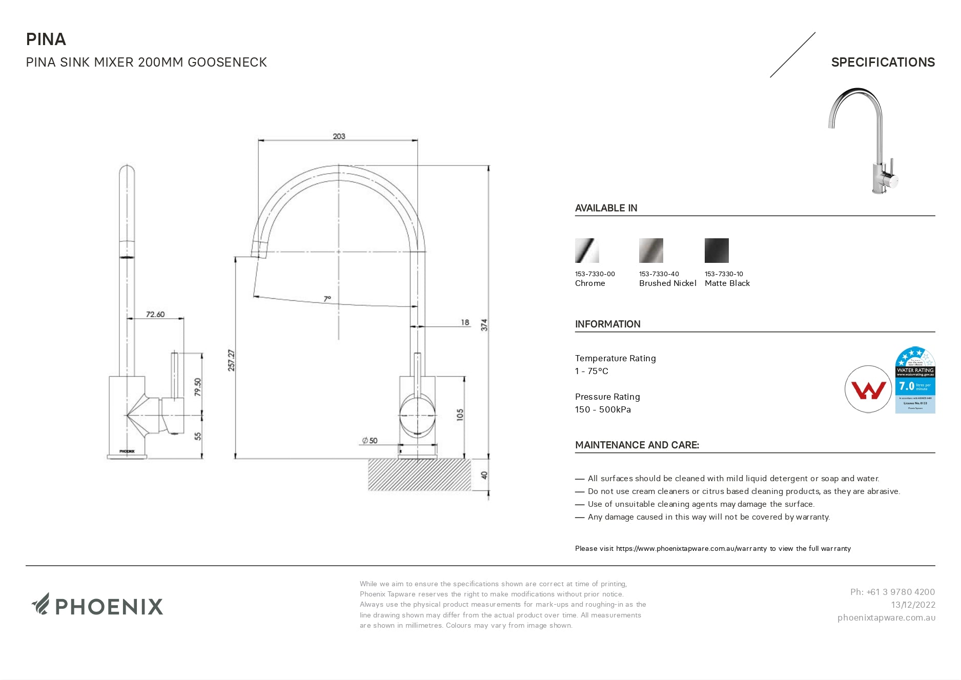 PHOENIX PINA GOOSENECK LEAD FREE SINK MIXER 200MM MATTE BLACK