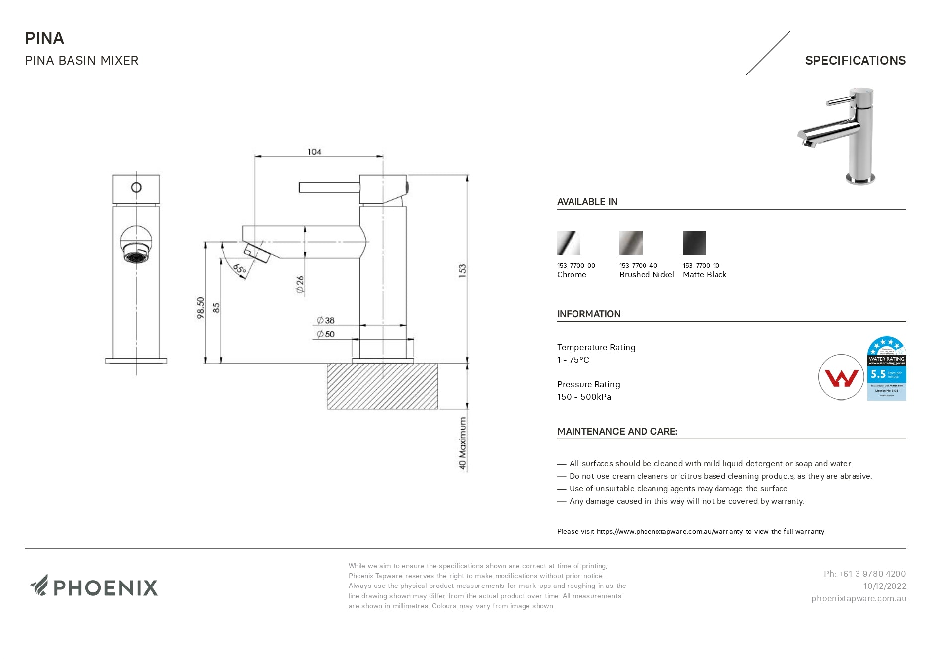 PHOENIX PINA LEAD FREE BASIN MIXER 153MM CHROME