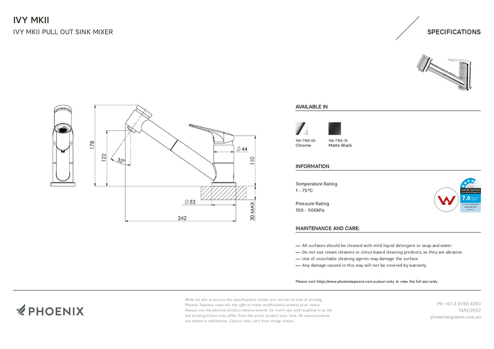 PHOENIX IVY MKII PULL OUT SINK MIXER 110MM CHROME