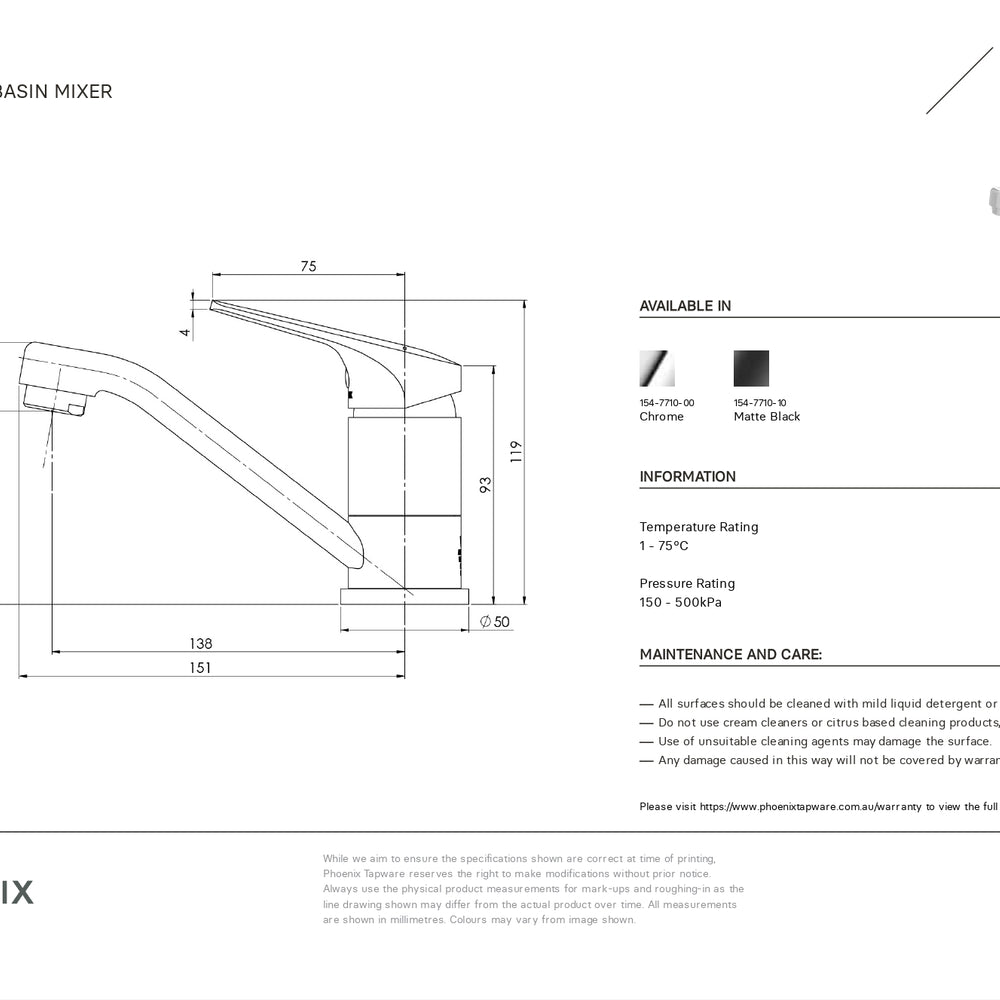 PHOENIX IVY MKII LEAD FREE BASIN MIXER SWIVEL CHROME