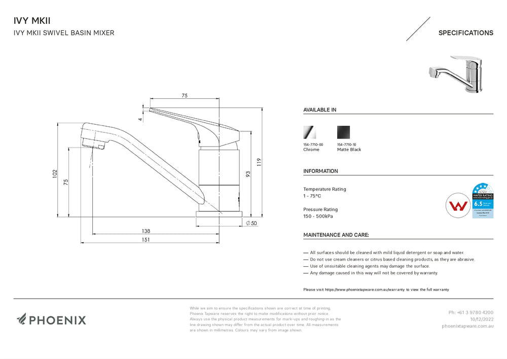 PHOENIX IVY MKII BASIN MIXER SWIVEL CHROME