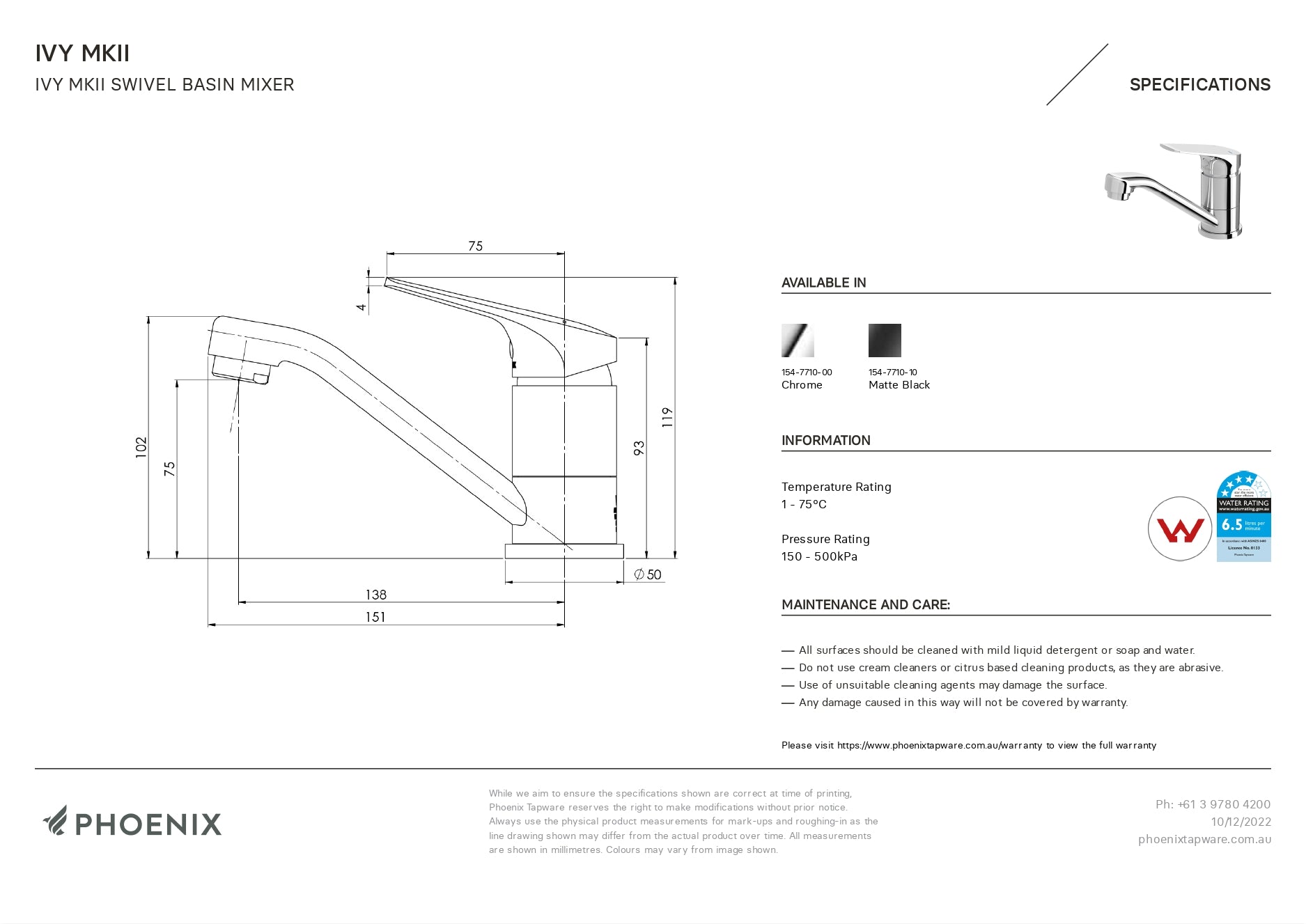 PHOENIX IVY MKII LEAD FREE BASIN MIXER SWIVEL CHROME