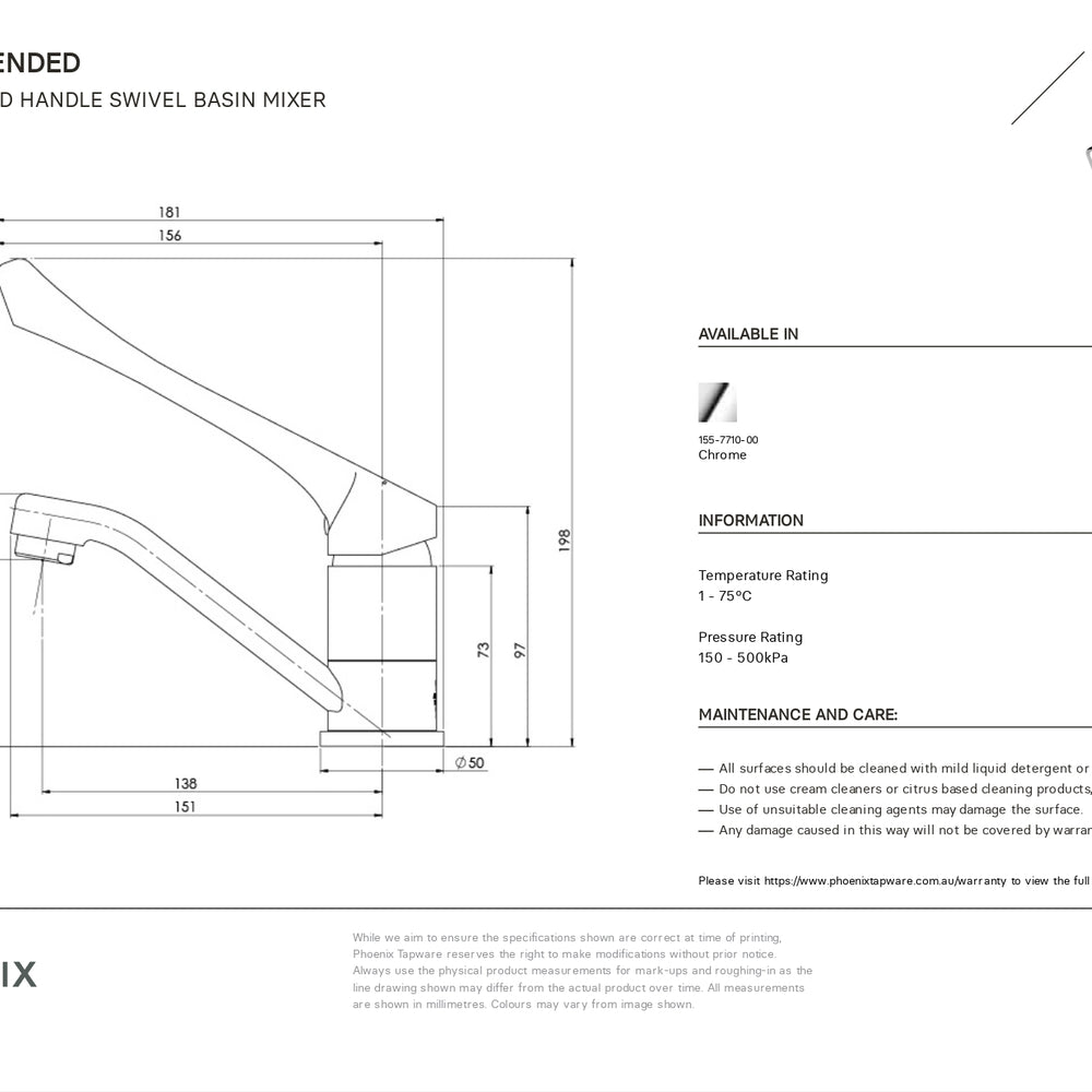 PHOENIX IVY MKII LEAD FREE BASIN MIXER SWIVEL EXTENDED LEVER CHROME