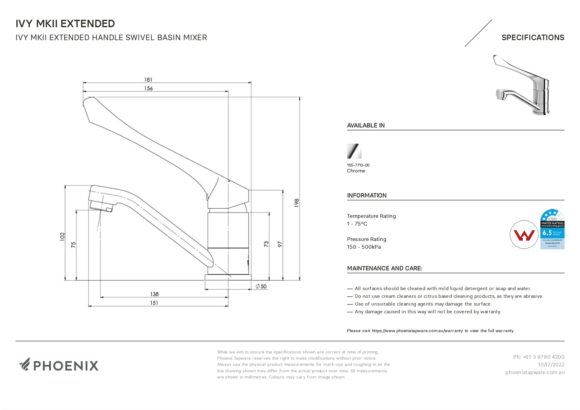 PHOENIX IVY MKII LEAD FREE BASIN MIXER SWIVEL EXTENDED LEVER CHROME