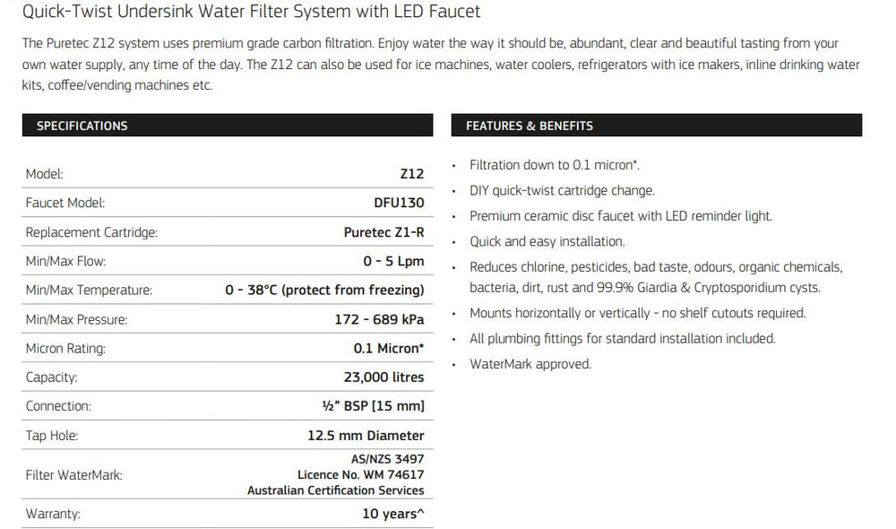 PURETEC LEAD FREE LONG REACH DESIGNER FAUCET WITH QUICK TWIST FILTER 0.1MICRON