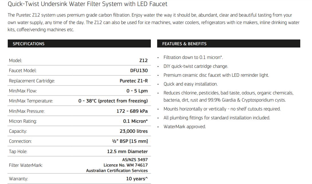 PURETEC LONG REACH DESIGNER FAUCET WITH QUICK TWIST FILTER 0.1MICRON