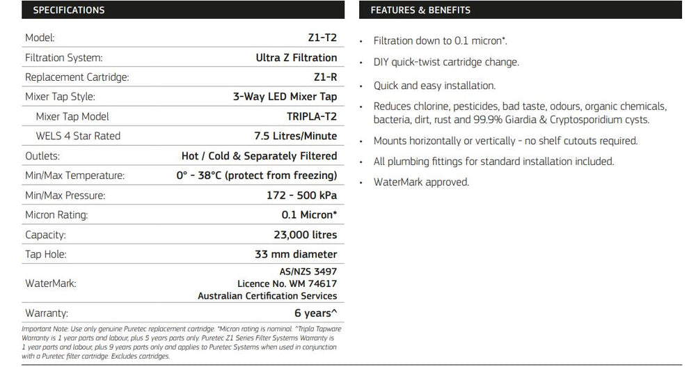PURETEC TRIPLA LEAD FREE T2 FAUCET WITH QUICK-TWIST FILTER 0.1 MICRON