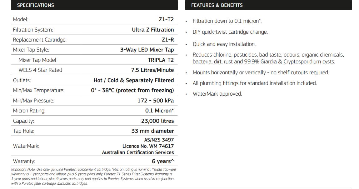 PURETEC TRIPLA T2 FAUCET WITH QUICK-TWIST FILTER 0.1 MICRON