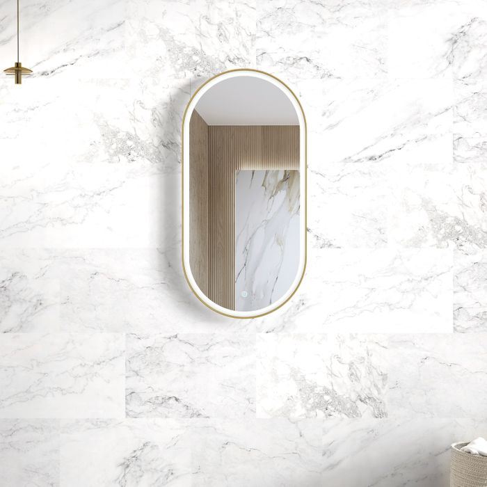 OTTI NOOSA FRAMED OVAL LED MIRROR 3 COLOUR LIGHTS BRUSHED GOLD 450X900MM