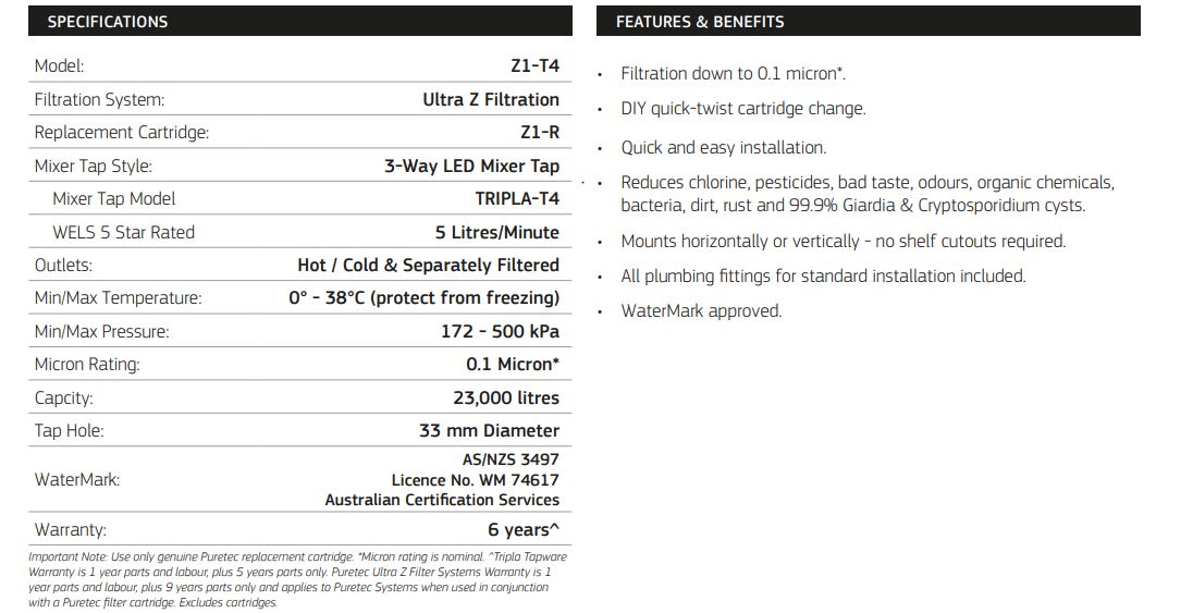PURETEC TRIPLA T4 FAUCET WITH QUICK-TWIST FILTER 0.1 MICRON