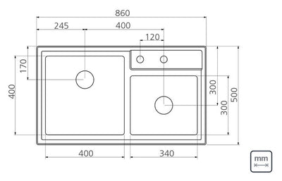 LINSOL QUADRUM 34L AND 19L BRUSHED STAINLESS STEEL KITCHEN SINK 860MM
