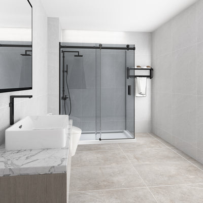 COVEY WALL TO WALL FRAMELESS SINGLE SLIDING DOOR GREY GLASS SHOWER SCREEN GUN METAL