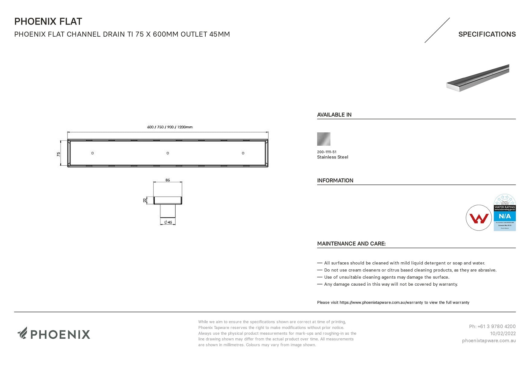 PHOENIX FLAT STAINLESS STEEL 45MM CHANNEL DRAIN TI 75 OUTLET 600MM, 750MM, 900MM AND 1200MM