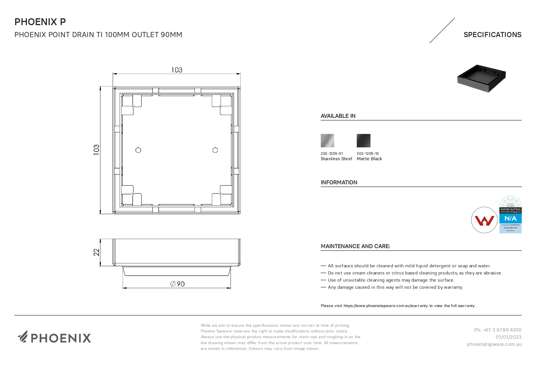 PHOENIX POINT DRAIN TI 100MM OUTLET 90MM