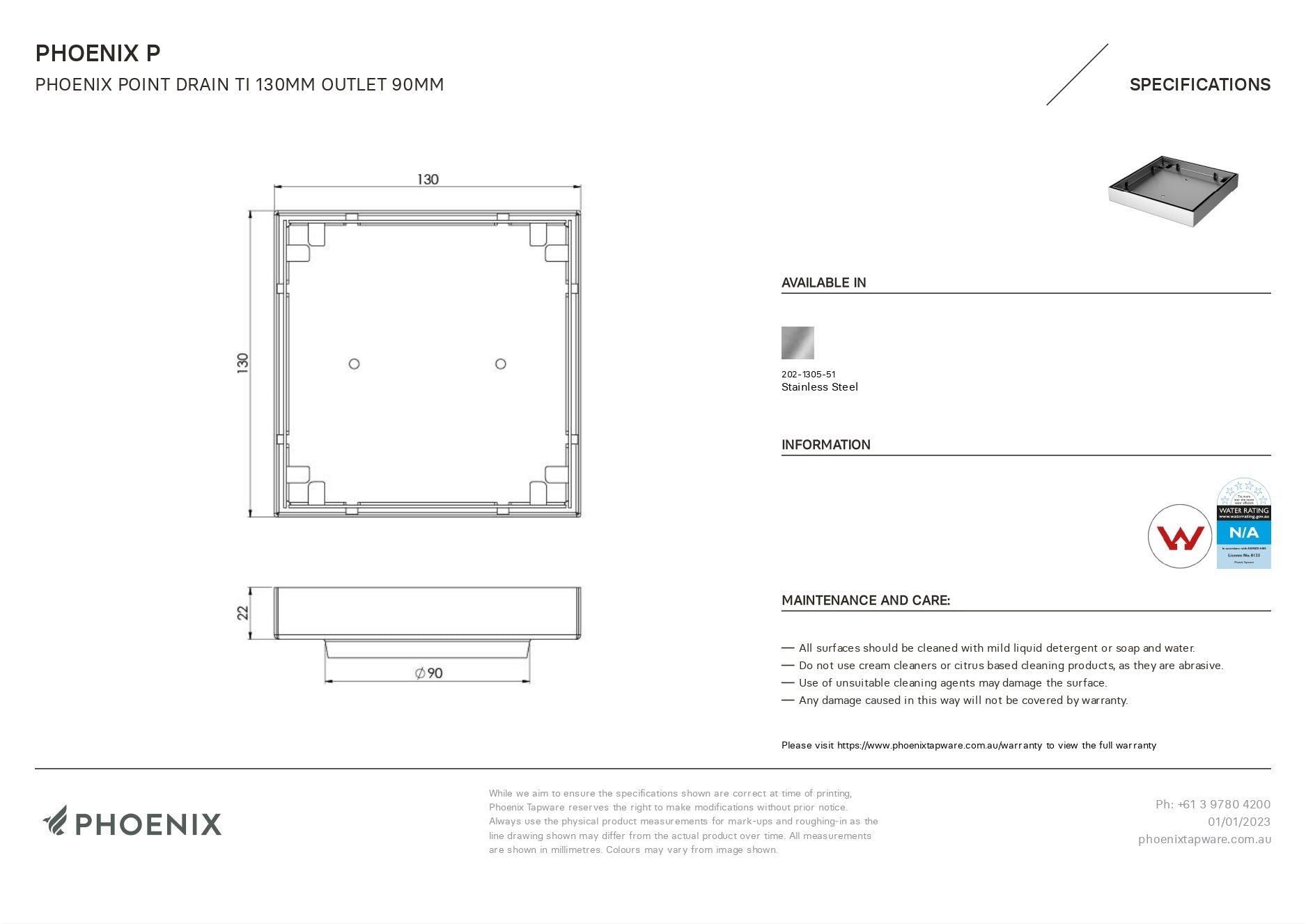 PHOENIX POINT DRAIN TI 130MM OUTLET STAINLESS STEEL 90MM