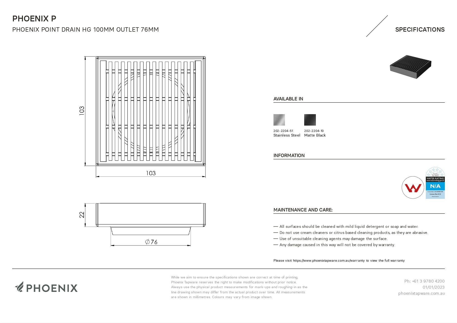 PHOENIX POINT DRAIN HG 100MM OUTLET 76MM