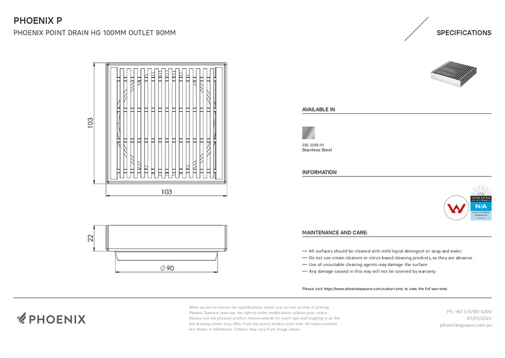 PHOENIX POINT DRAIN HG 100MM OUTLET STAINLESS STEEL 90MM