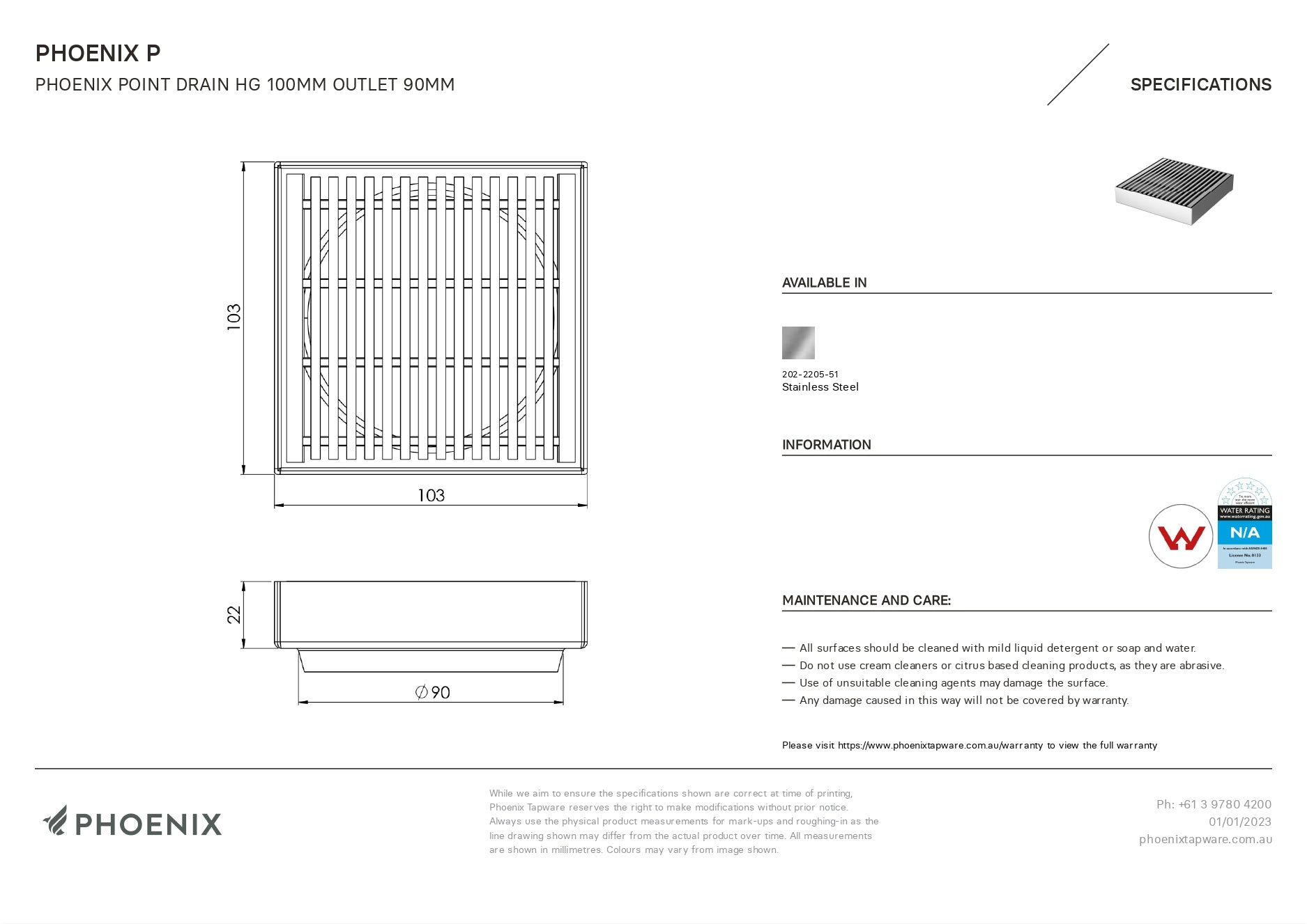 PHOENIX POINT DRAIN HG 100MM OUTLET STAINLESS STEEL 90MM