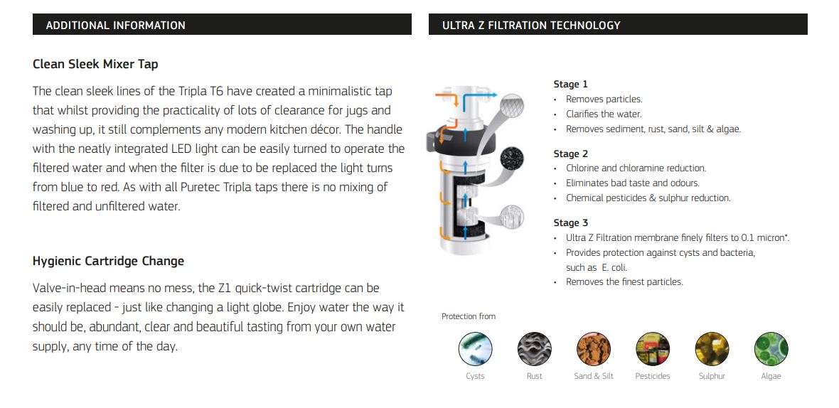 PURETEC LEAD FREE TRIPLA T6 FAUCET WITH QUICK-TWIST FILTER 0.1 MICRON
