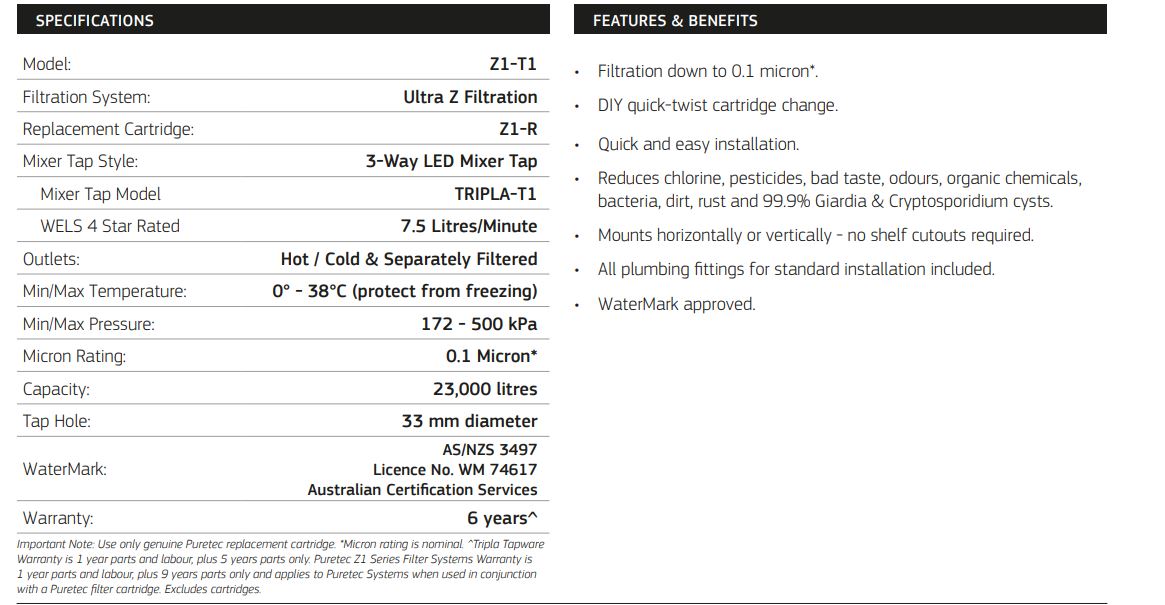 PURETEC TRIPLA T1 FAUCET WITH QUICK-TWIST FILTER 0.1 MICRON