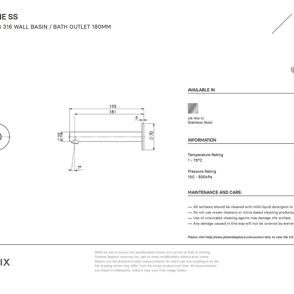 PHOENIX VIVID SLIMLINE SS 316 WALL BASIN / BATH OUTLET 180MM STAINLESS STEEL