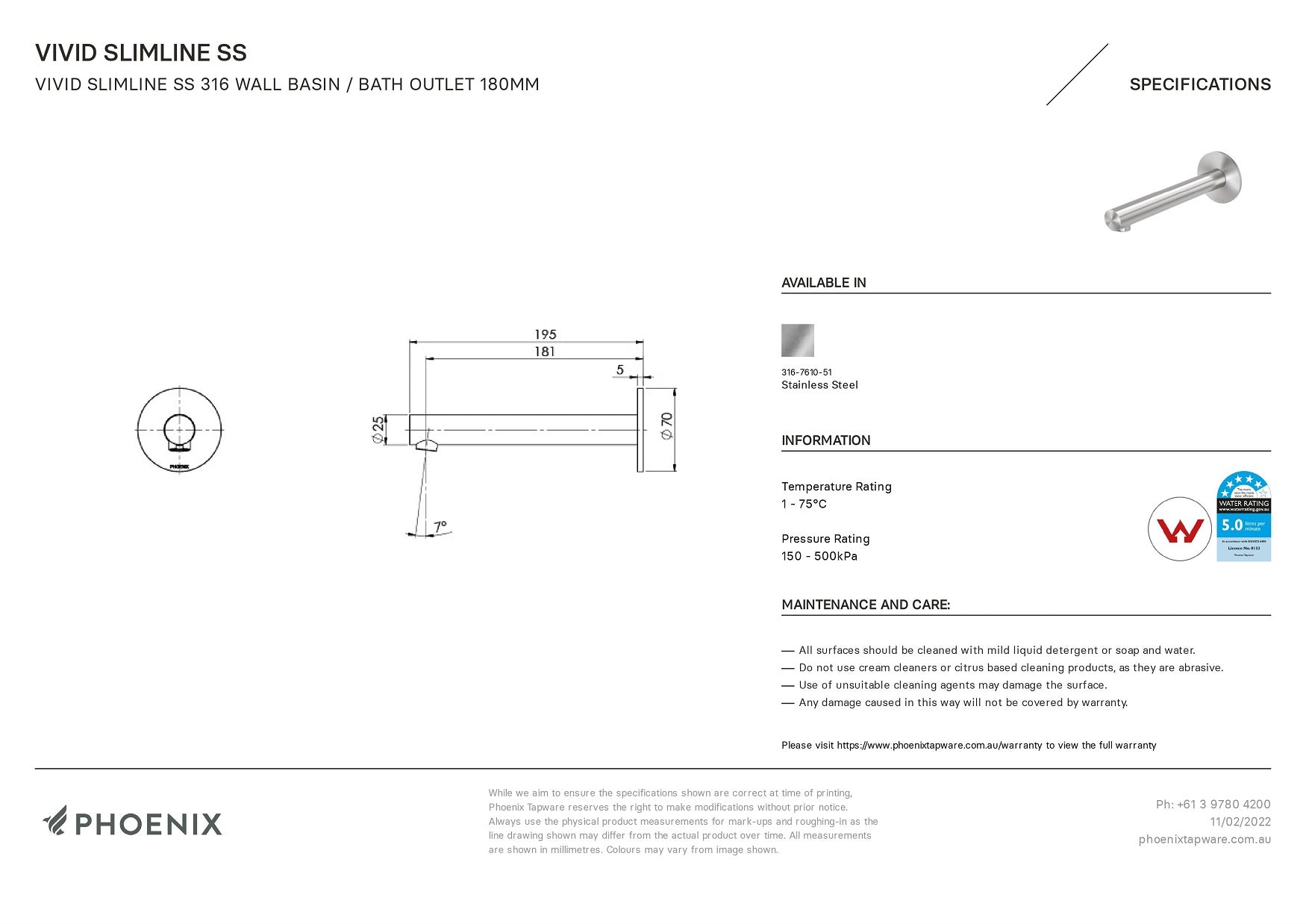 PHOENIX VIVID SLIMLINE SS 316 WALL BASIN / BATH OUTLET 180MM STAINLESS STEEL