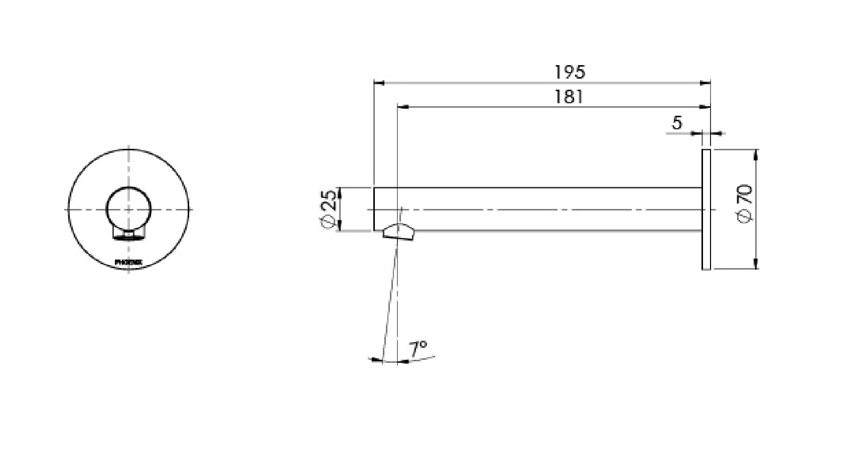 PHOENIX VIVID SLIMLINE SS 316 WALL BASIN / BATH OUTLET 180MM STAINLESS STEEL