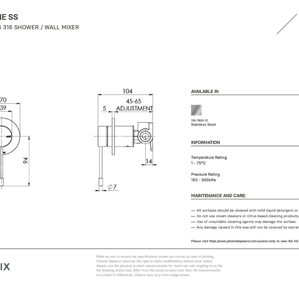 PHOENIX VIVID SLIMLINE LEAD FREE SS 316 SHOWER / WALL MIXER STAINLESS STEEL