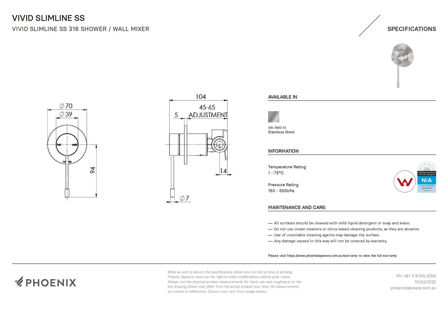 PHOENIX VIVID SLIMLINE LEAD FREE SS 316 SHOWER / WALL MIXER STAINLESS STEEL