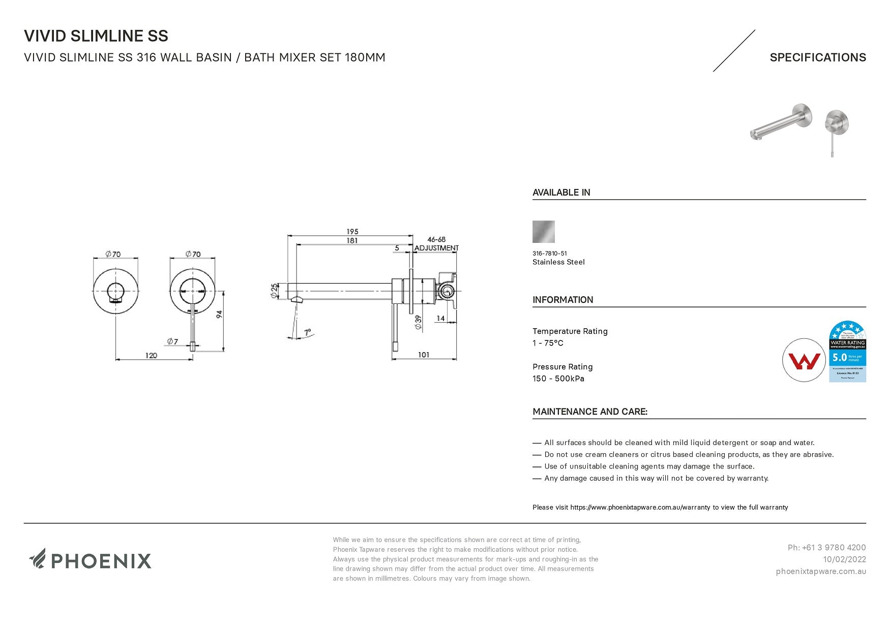 PHOENIX VIVID SLIMLINE SS 316 WALL BASIN / BATH MIXER SET 180MM STAINLESS STEEL