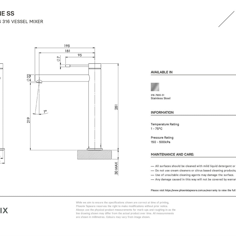 PHOENIX VIVID SLIMLINE SS 316 VESSEL MIXER STAINLESS STEEL
