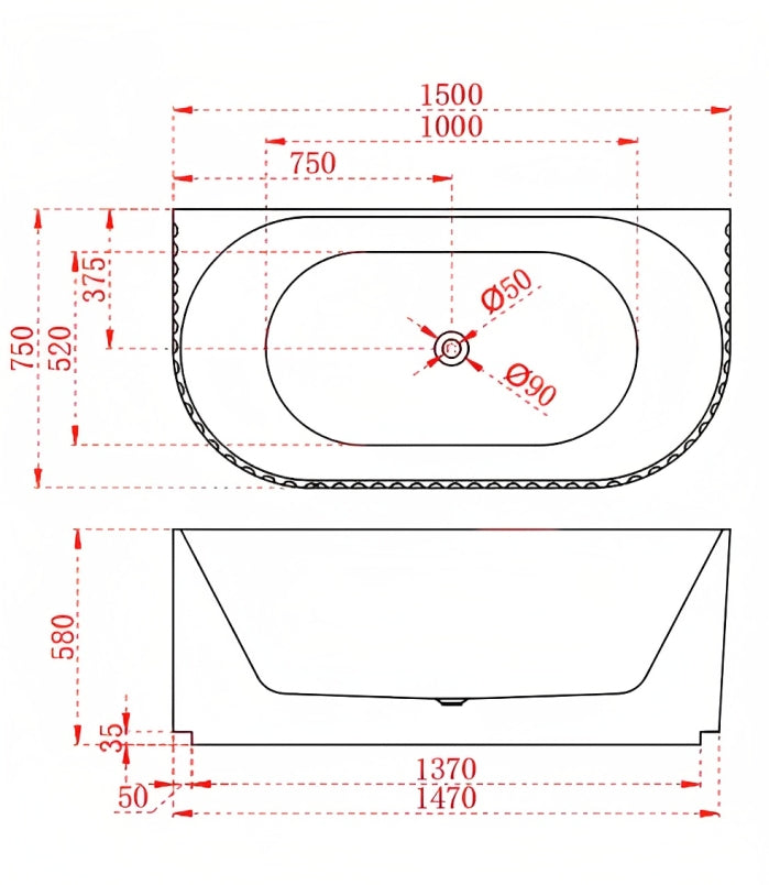 RIVA ROMA FLUTED BACK TO WALL BATHTUB GLOSS WHITE (AVAILABLE IN 1500MM AND 1700MM)