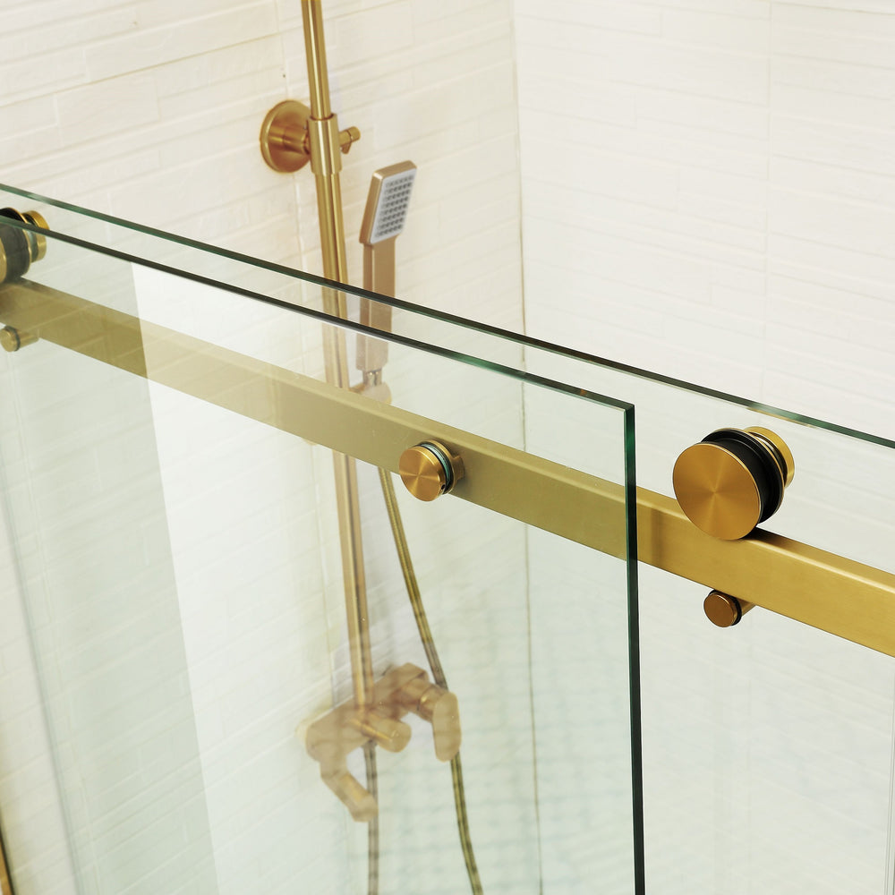 COVEY WALL TO WALL FRAMELESS SINGLE SLIDING DOOR SHOWER SCREEN BRUSHED GOLD