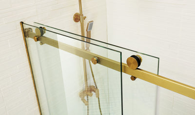 COVEY WALL TO WALL FRAMELESS SINGLE SLIDING DOOR SHOWER SCREEN BRUSHED GOLD