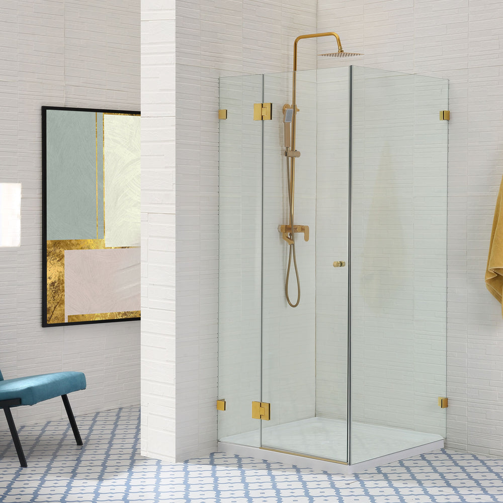COVEY WALL TO WALL FRAMELESS PIVOTAL HINGE DOOR SHOWER SCREEN BRUSHED GOLD
