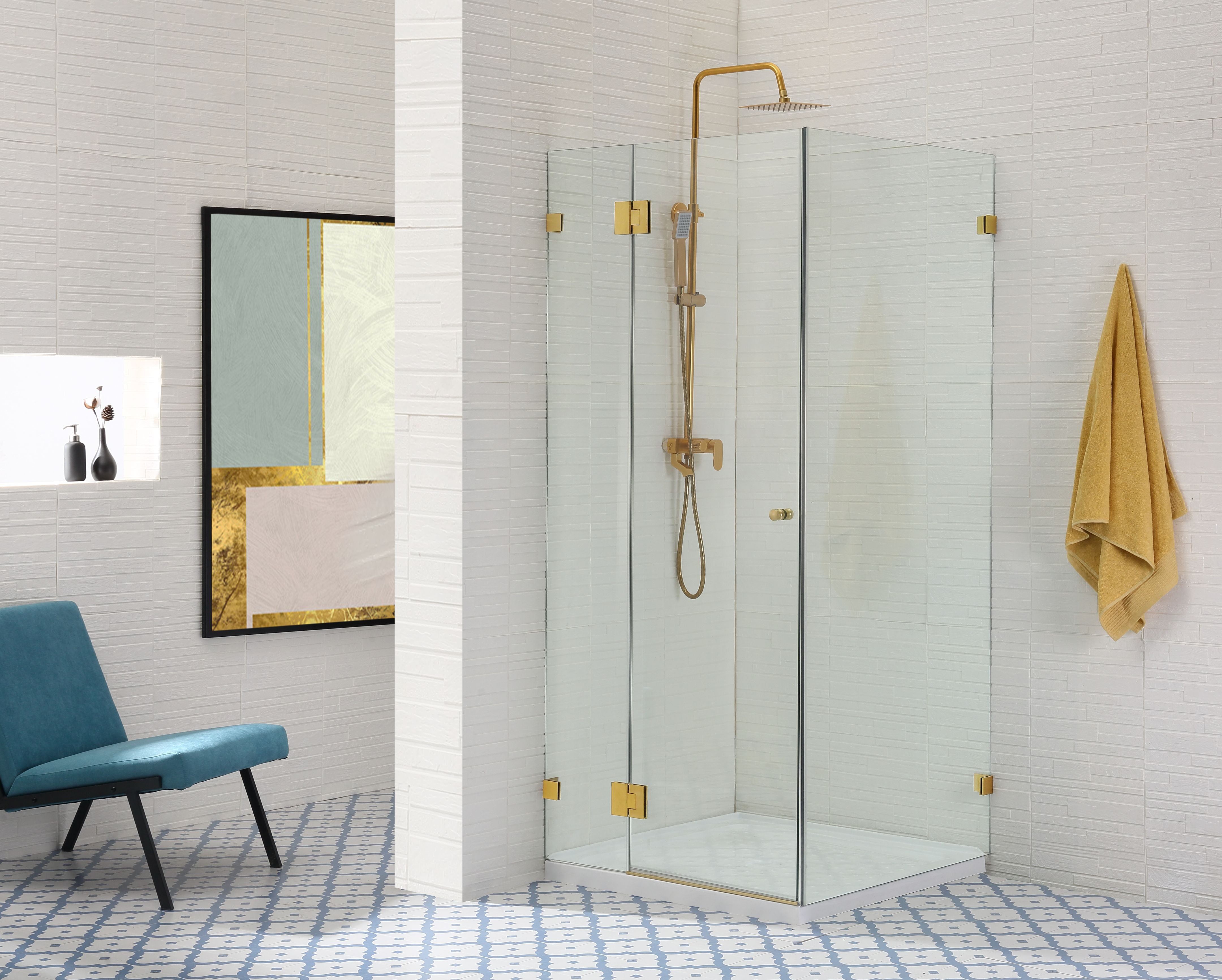 COVEY WALL TO WALL FRAMELESS PIVOTAL HINGE DOOR SHOWER SCREEN BRUSHED GOLD